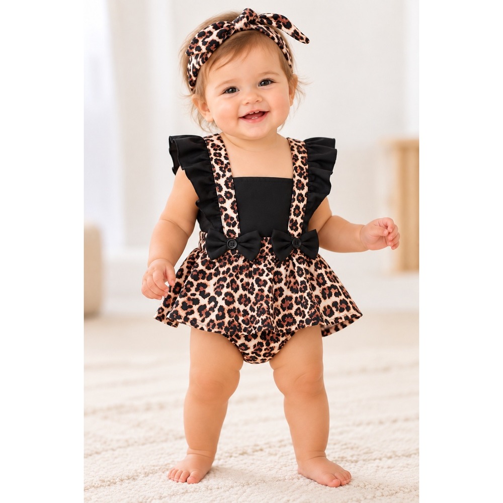 Baby Girls Leopard Print Ruffle Romper and Headband Set 9-12M Animal Print Black